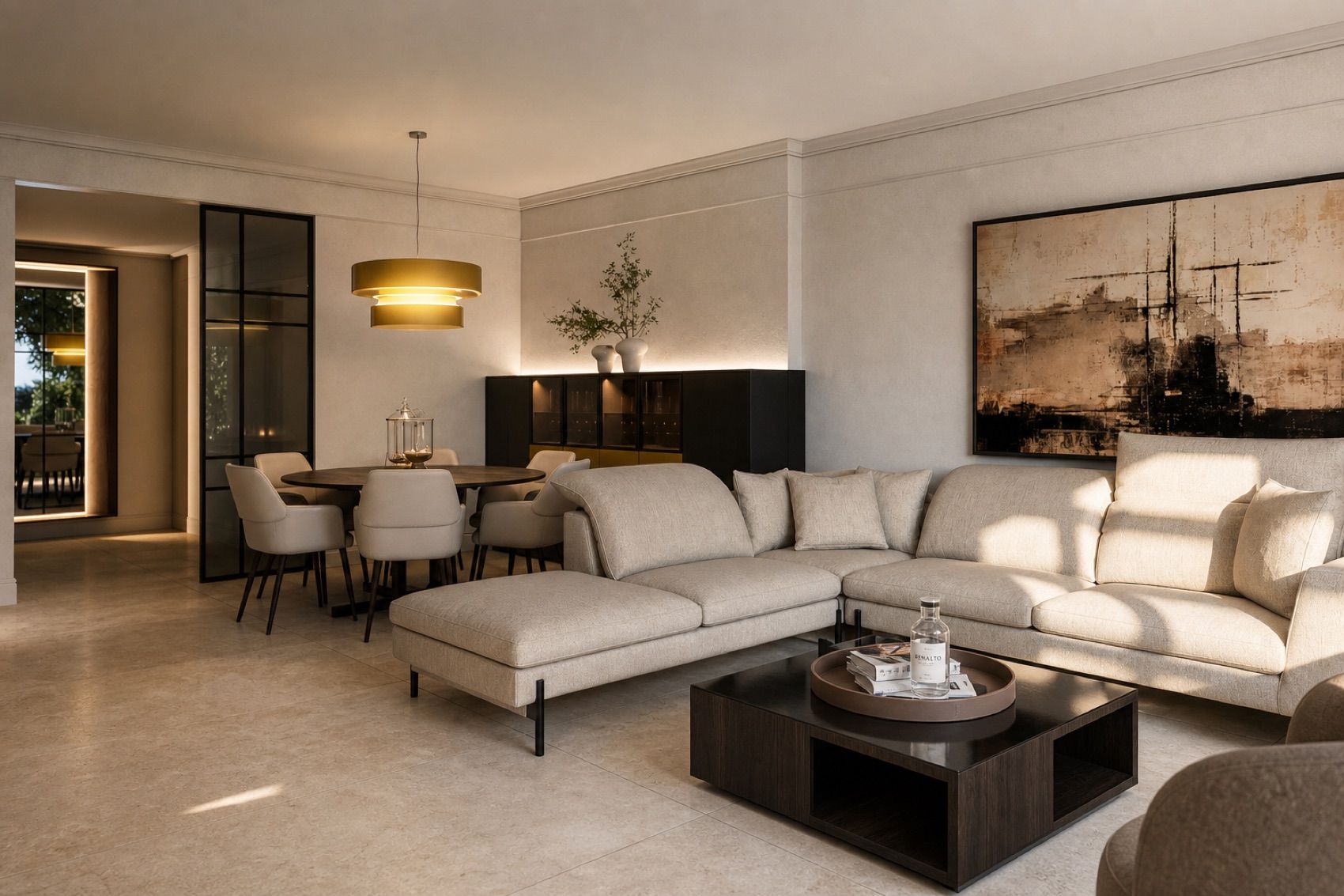 Living and dining space in Dark Emperador marble