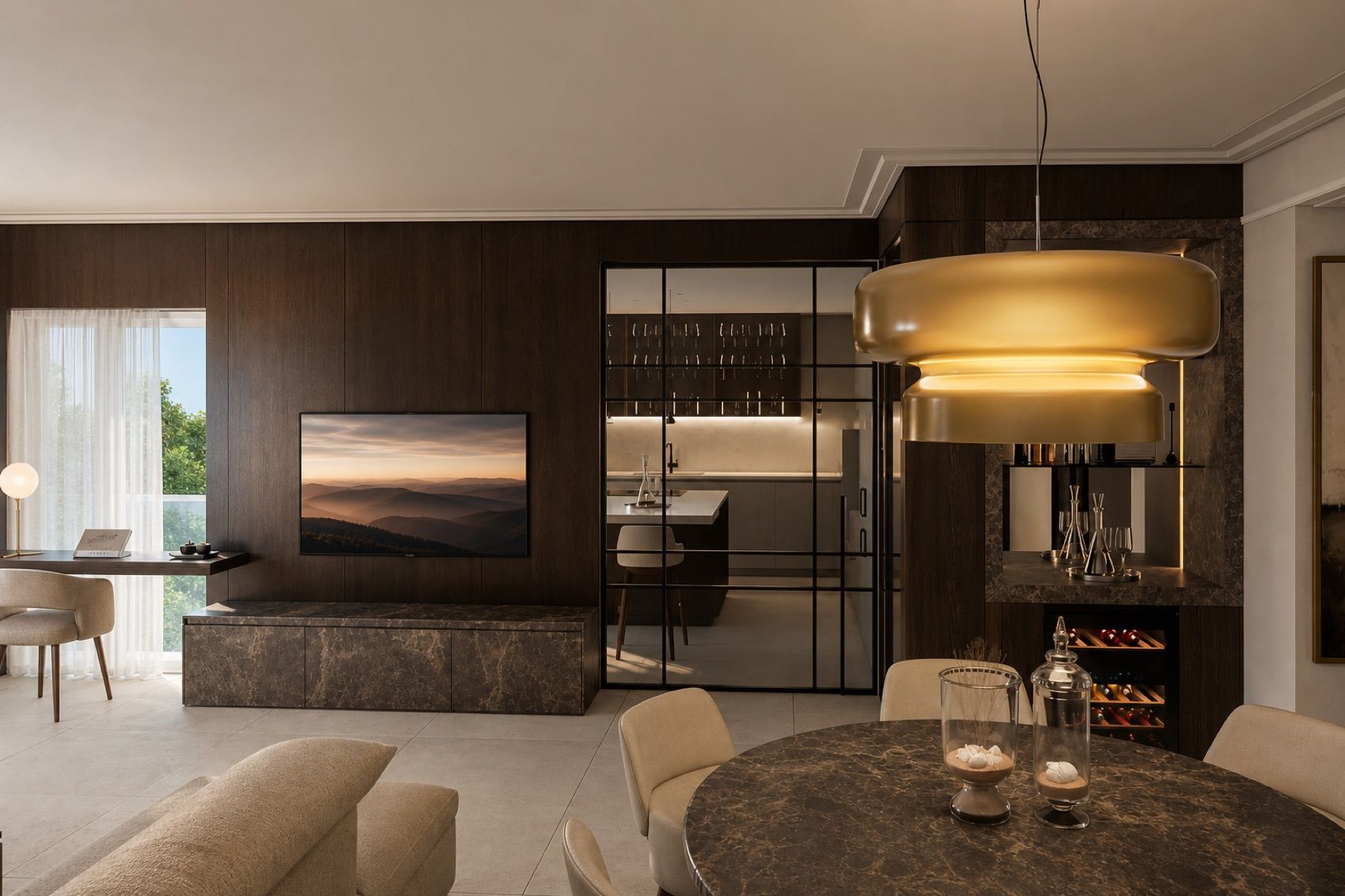 The living room with bespoke wine cellar