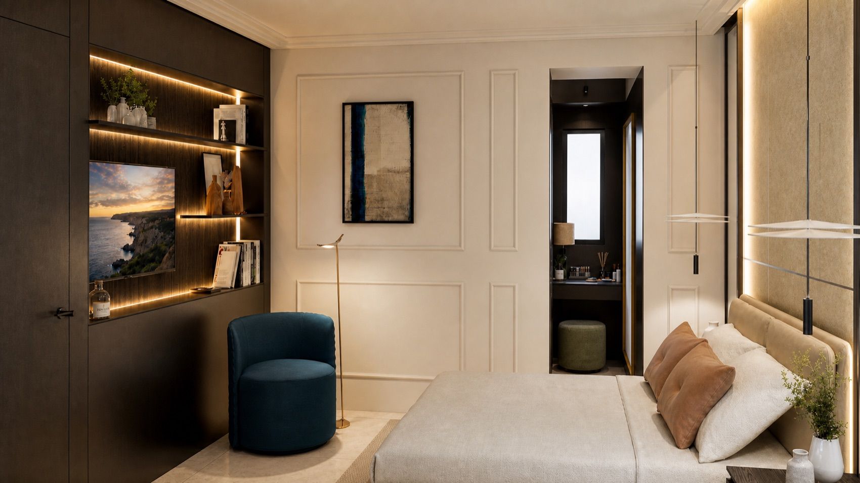 Master bedroom detail in warm neutral tones
