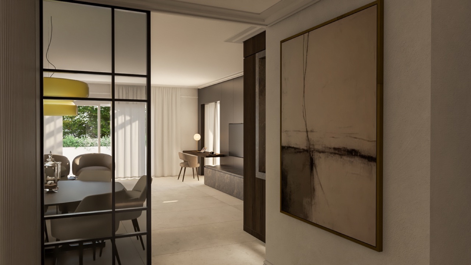 Hall with framed art and glass partition