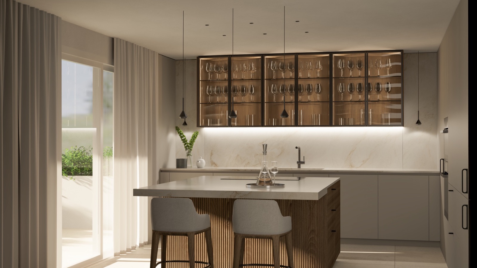 Kitchen with glass wine cabinets toward terrace