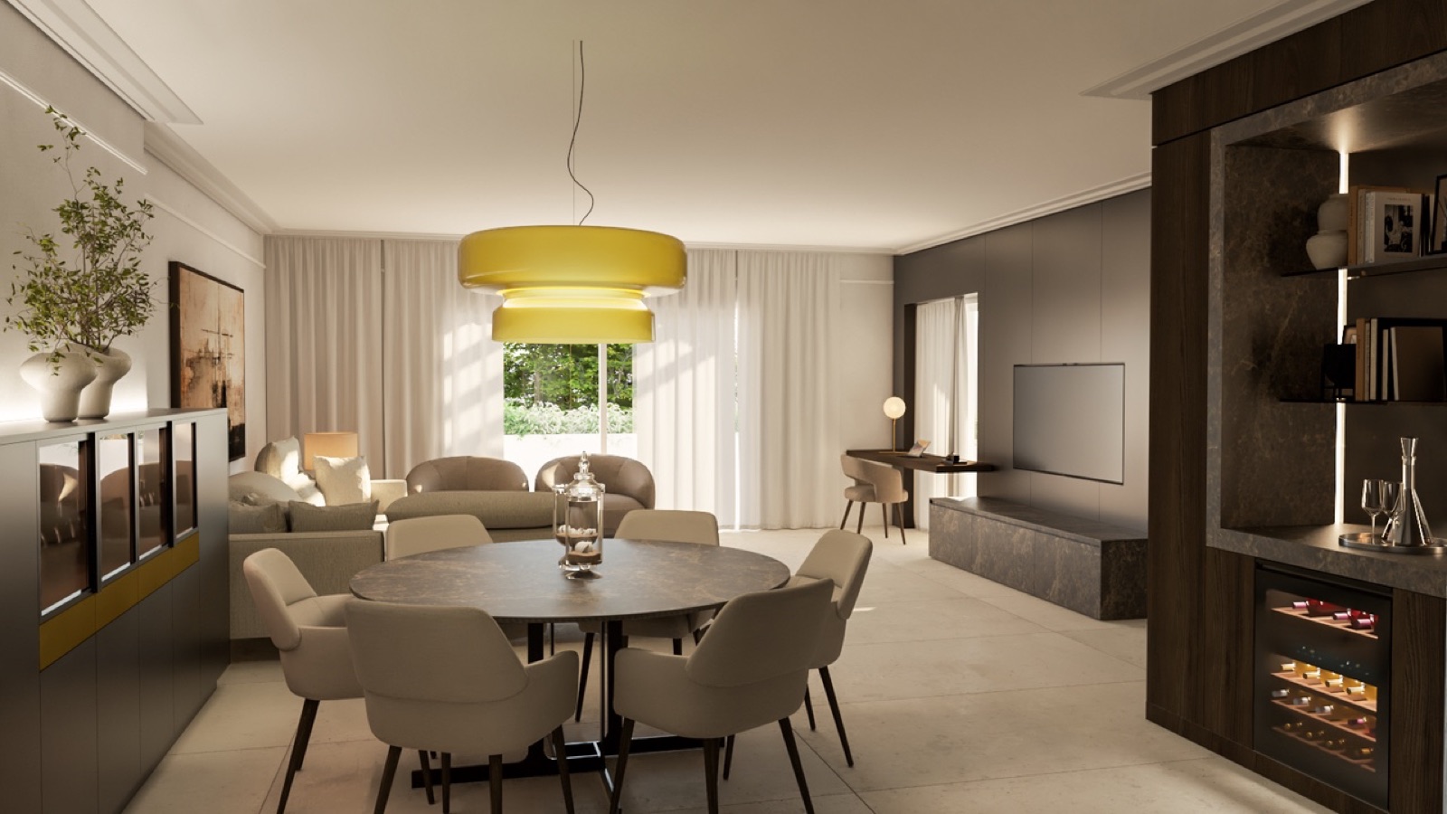 Dining with golden pendant