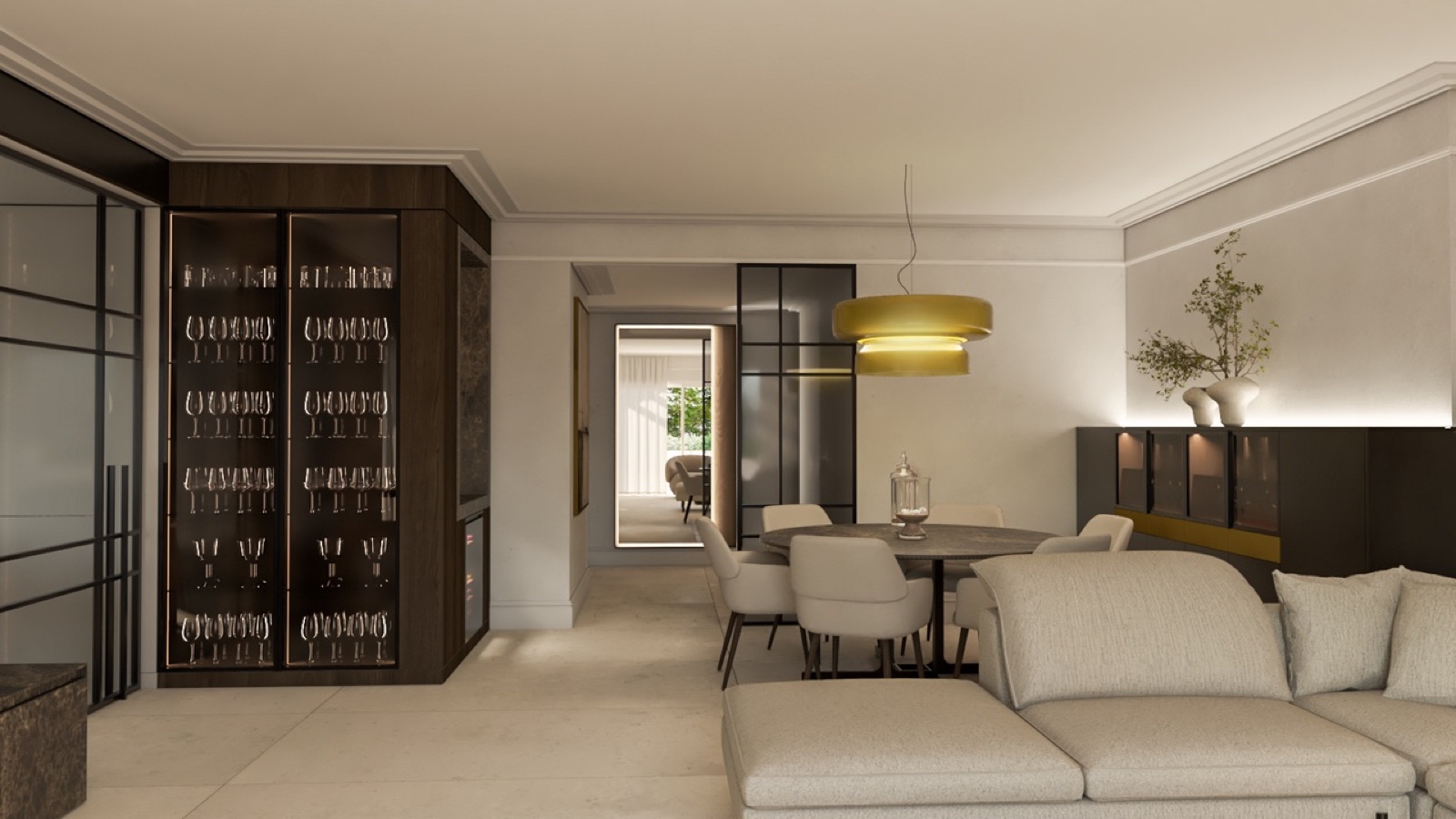 The living room with bespoke wine cellar