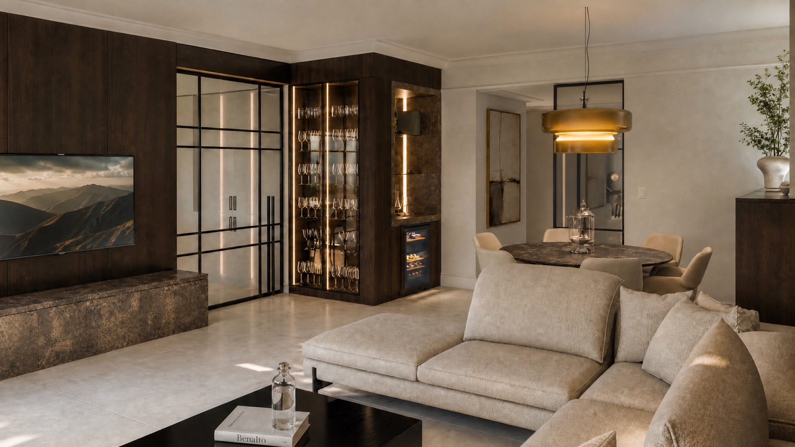Living room with wine cellar and mountain view