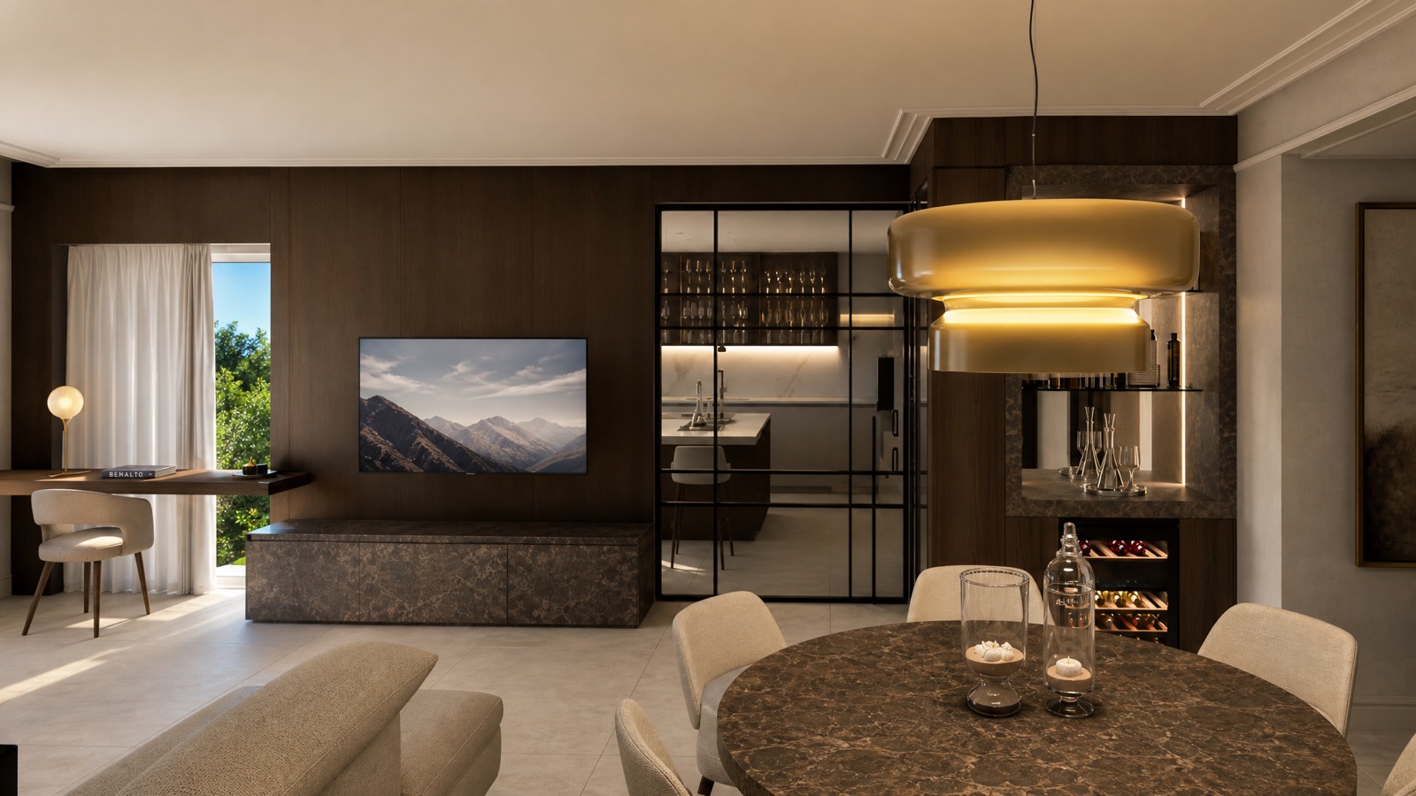 Dramatic living and dining at dusk