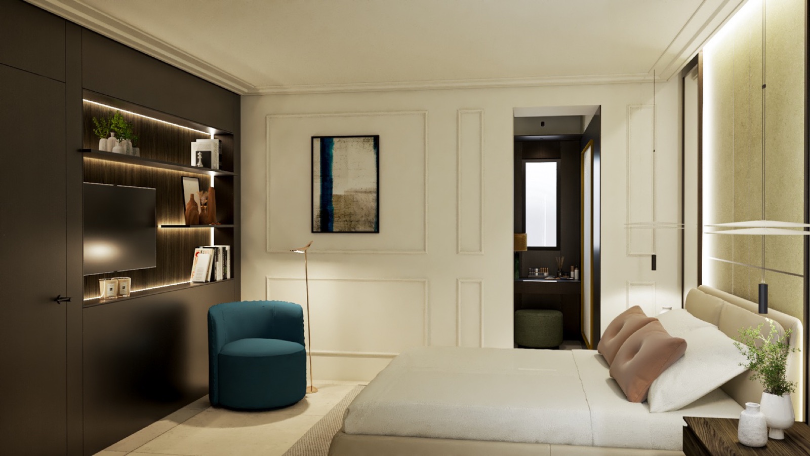 Master bedroom media wall and en-suite