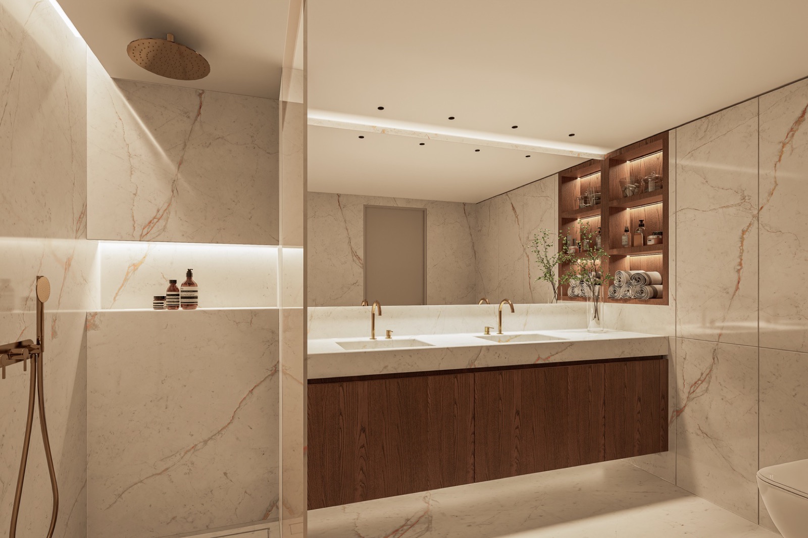 Master bath double vanity in Calacatta Oro