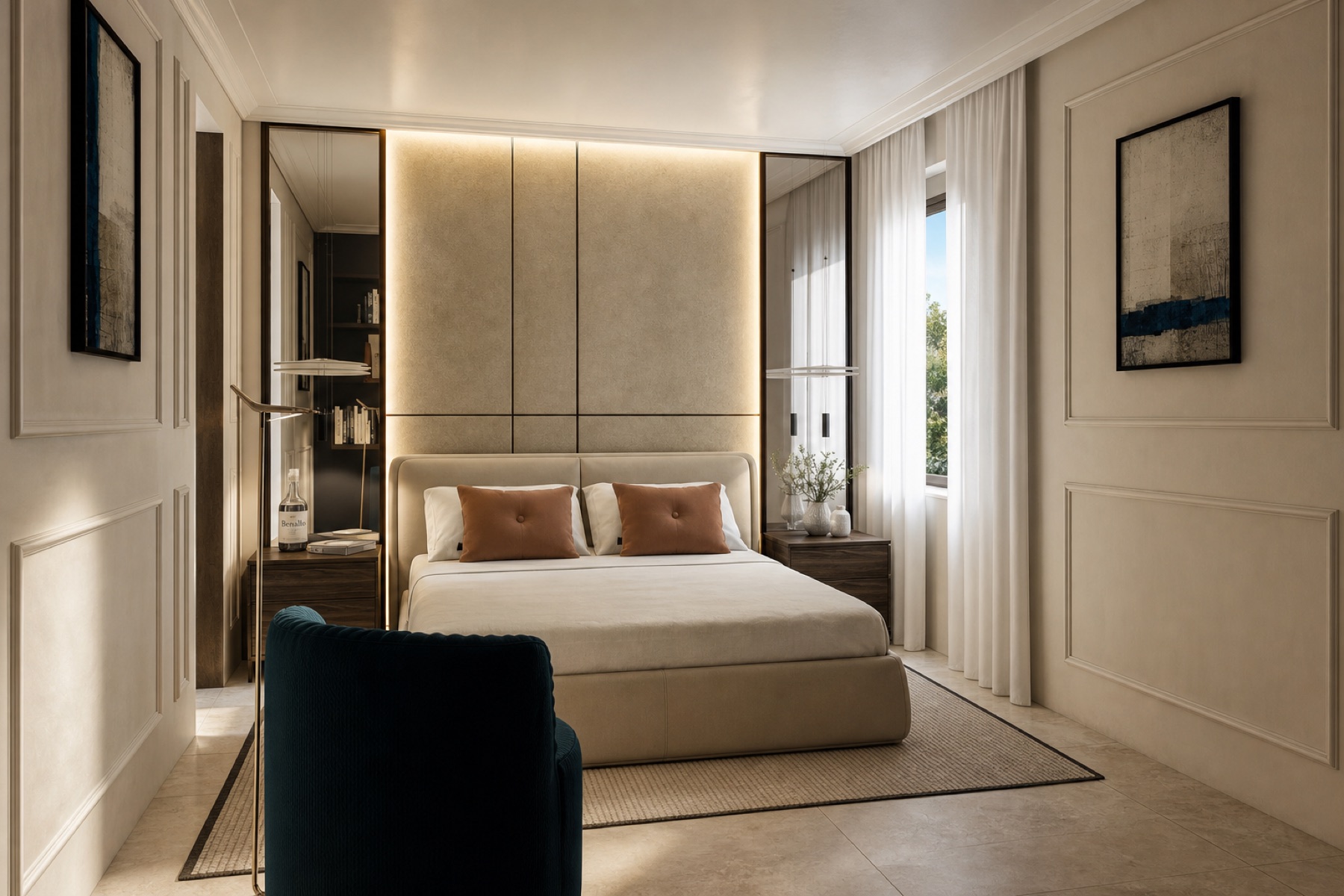 Master bedroom detail in warm neutral tones