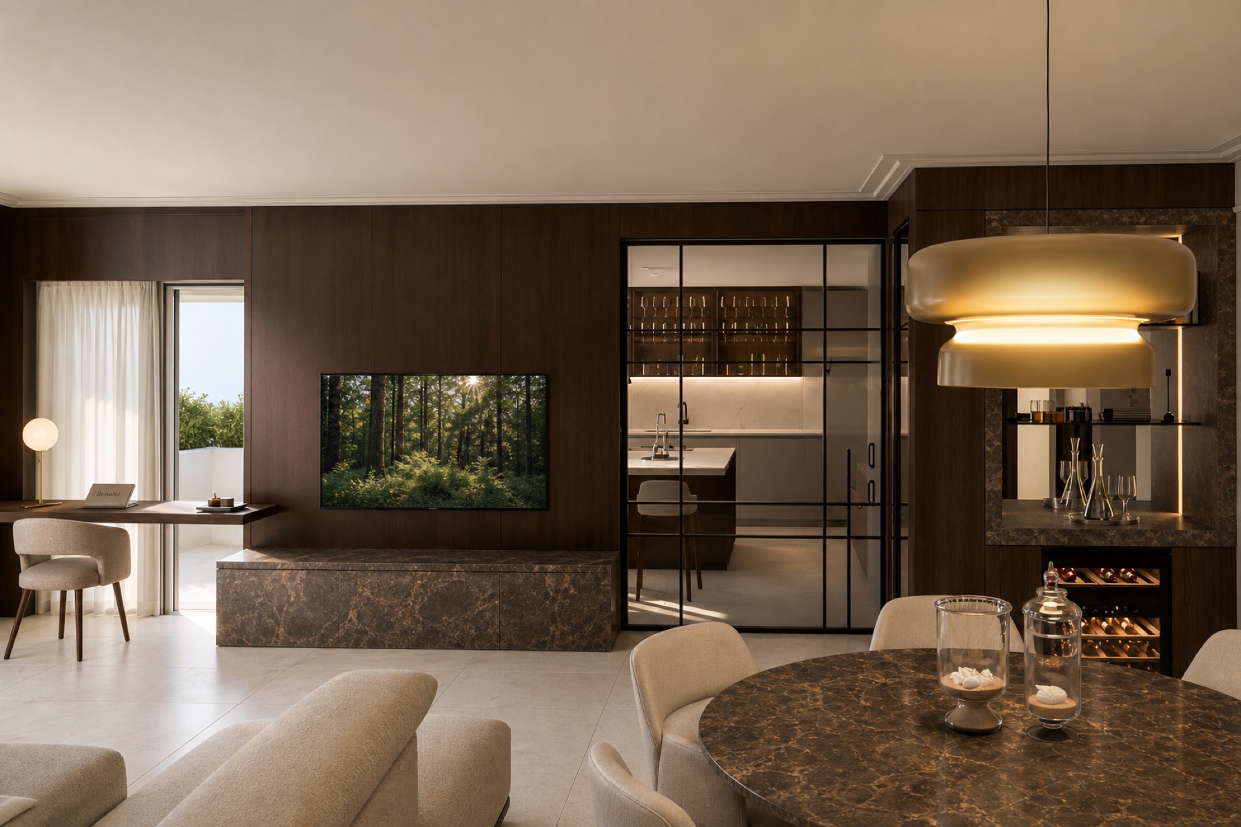 Living and dining space in Dark Emperador marble